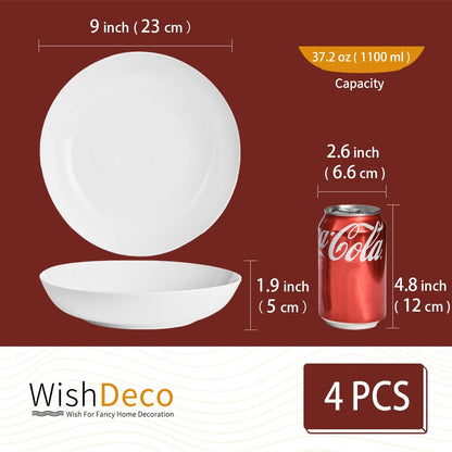 WishDeco White Pasta Bowls Set of 4, Porcelain Salad Bowls 37 oz / 1100 ml, Wide and Shallow Serving Bowl 9 Inch / 23 cm, Large Pasta Plates, Serving Dishes for Soup, Dinner, Microwave Safe