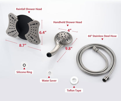 2.5 GPM High Pressure Shower Head: GRICH 8.7 Inch Black Shower Heads with Hand Held Spray 2-in-1 Combo, 9-Settings Handheld Shower Head & Adjustable Rain Shower Head with Hose 60'', Anti-Clog Nozzles