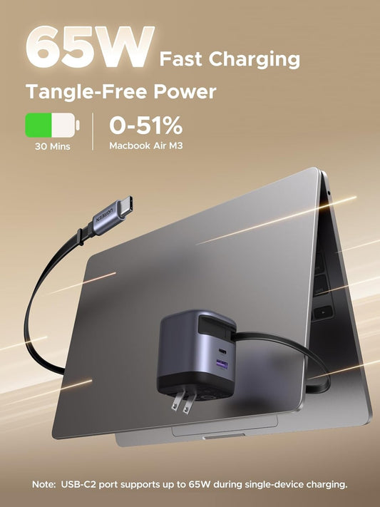 UGREEN 65W Retractable USB C Charger Block with Built-in Cable, GaN Fast Charging Wall Charger 2 Ports Compatible for iPhone 16 15 14, Galaxy S25 S24, Pixel 9 Pro 8 7, MacBook Pro/Air, iPad，Airpods - PuriLite