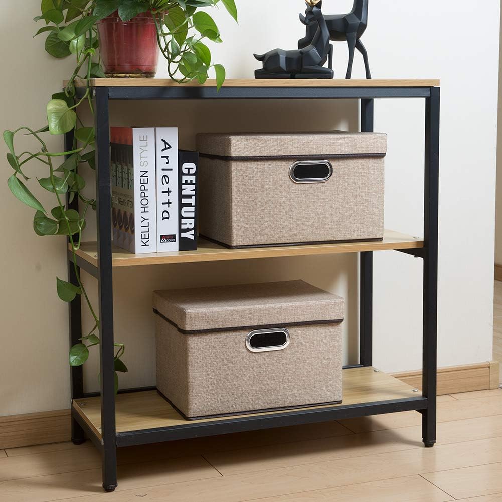 PRANDOM Large Foldable Storage Bin with Lid [1-Pack] Linen Fabric Decorative Storage Box Organizer Containers Basket Cube with Handles Divider for Bedroom Closet Office Living Room (17.7x11.8x11.8")