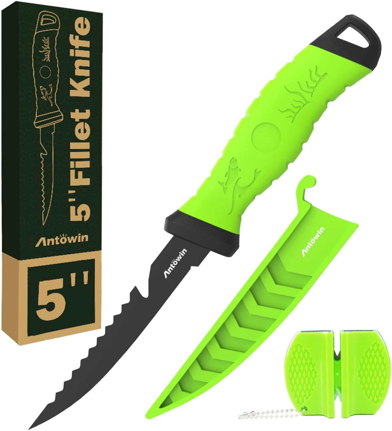 8 Inch Fishing Fillet Knife, Professional Level Knives for Filleting Fish and Boning Meat, Sharp Stainless-Steel Non-Stick Coating Blade, Non-Slip Handles, with 1 Two Stage Knife Sharpener