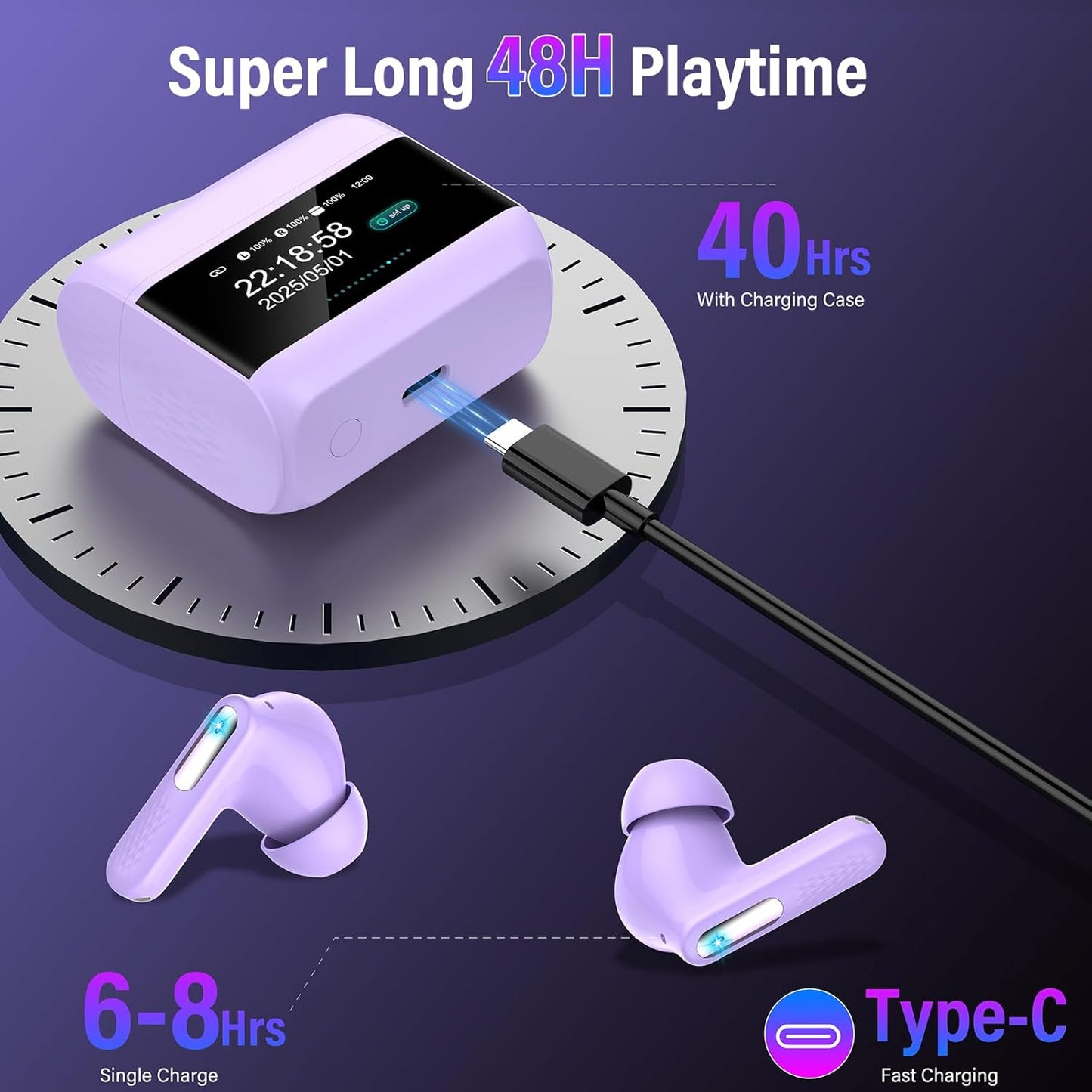 Wireless Earbuds, 2025 New Bluetooth 5.4 Ear Buds with Multifunctional Touch Screen, Bass Stereo Sound, ANC/ENC Noise-Canceling MIC, IPX7 Waterproof, 48H Bluetooth Earphones with 5 EQ Modes, Black