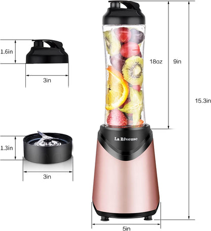 La Reveuse Smoothie Blender Personal Size 300 Watts with 2 Pieces 18 oz BPA-Free Travel Sports Bottles,Grey