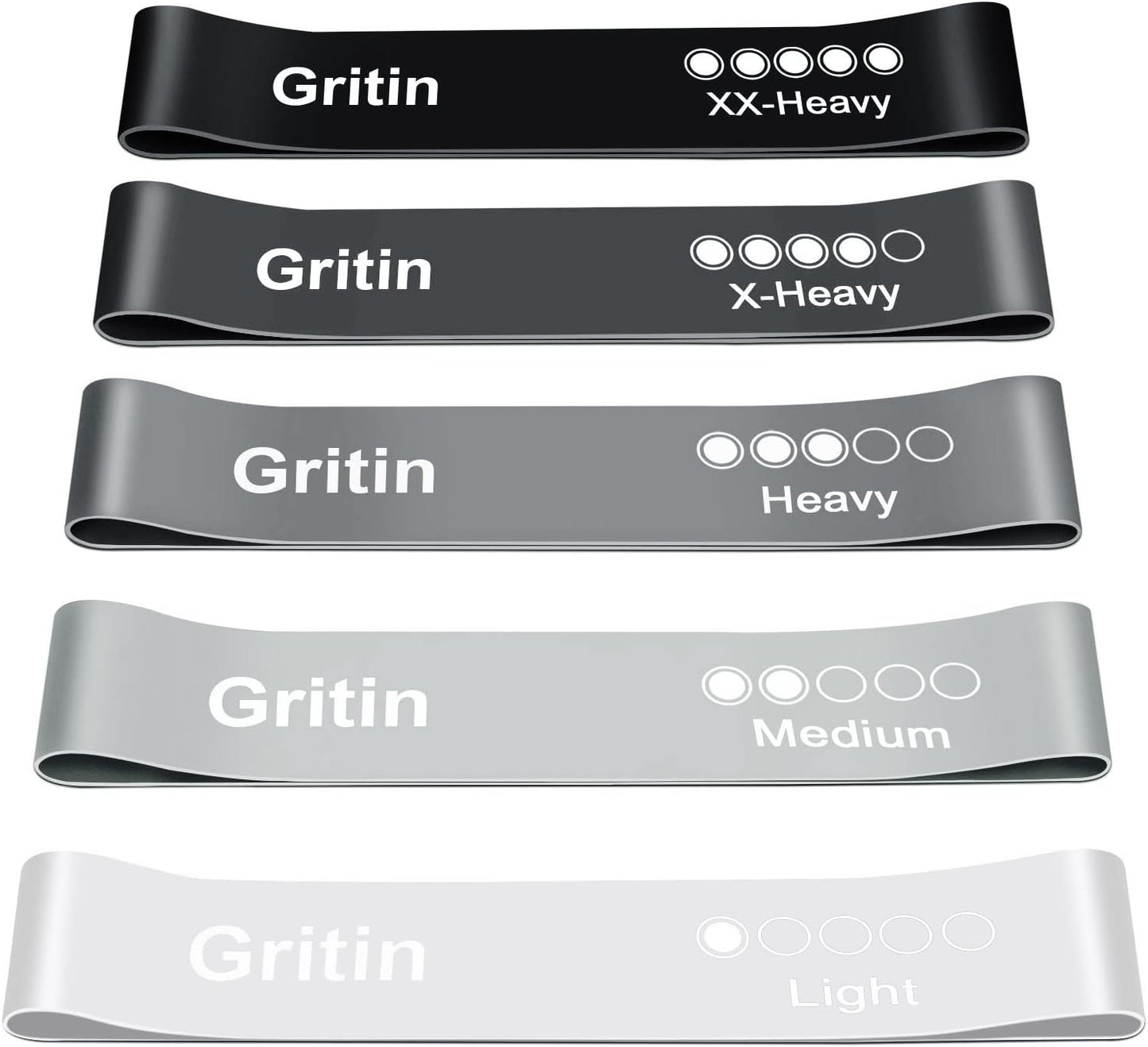 Gritin Resistance Bands, Set of 5 Skin-Friendly Resistance Fitness Exercise Loop Bands with 5 Different Strength Levels - Travel Carrying Case Included - Ideal for Home, Gym, Yoga, Training