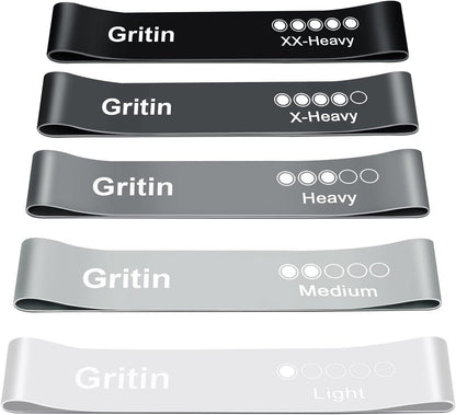 Gritin Resistance Bands, Set of 5 Skin-Friendly Resistance Fitness Exercise Loop Bands with 5 Different Strength Levels - Travel Carrying Case Included - Ideal for Home, Gym, Yoga, Training