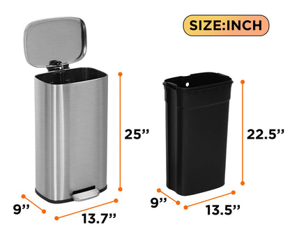 13 Gallon/50 L Garbage Can Kitchen Trash Can with Lid for Office Bedroom Bathroom Step Trash Bin Fingerprint-Proof Brushed Stainless Steel