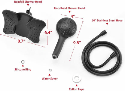 2.5 GPM High Pressure Shower Head: GRICH 8.7 Inch Black Shower Heads with Hand Held Spray 2-in-1 Combo, 9-Settings Handheld Shower Head & Adjustable Rain Shower Head with Hose 60'', Anti-Clog Nozzles