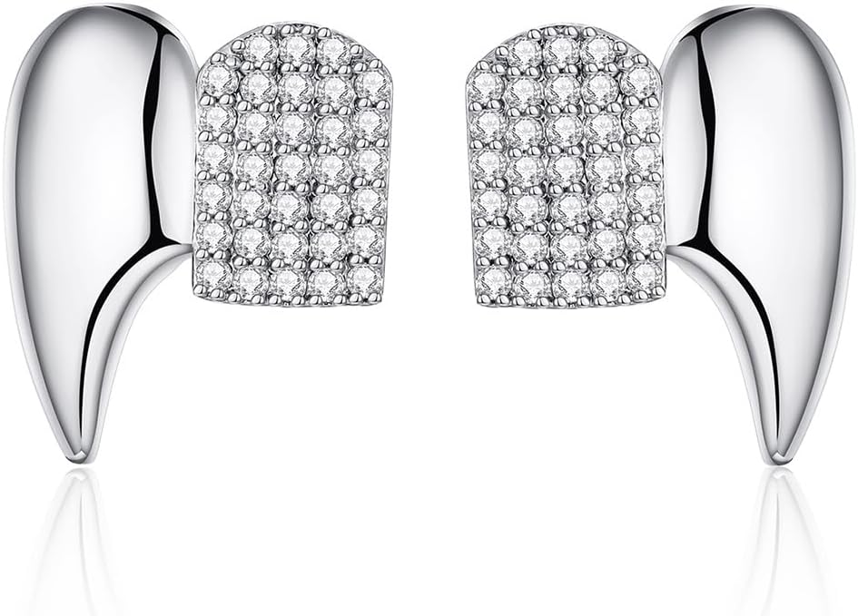 Gothic Vampire Diamond Grills Teeth Grillz Diamond Grills for Your Teeth 18k Gold Plated Double Tooth Grizz Caps Vampire Bat Fang Iced Out CZ Diamonds Grills Gothic Halloween Cosplay Party Jewelry for