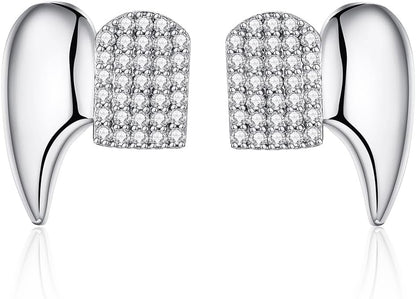 Gothic Vampire Diamond Grills Teeth Grillz Diamond Grills for Your Teeth 18k Gold Plated Double Tooth Grizz Caps Vampire Bat Fang Iced Out CZ Diamonds Grills Gothic Halloween Cosplay Party Jewelry for