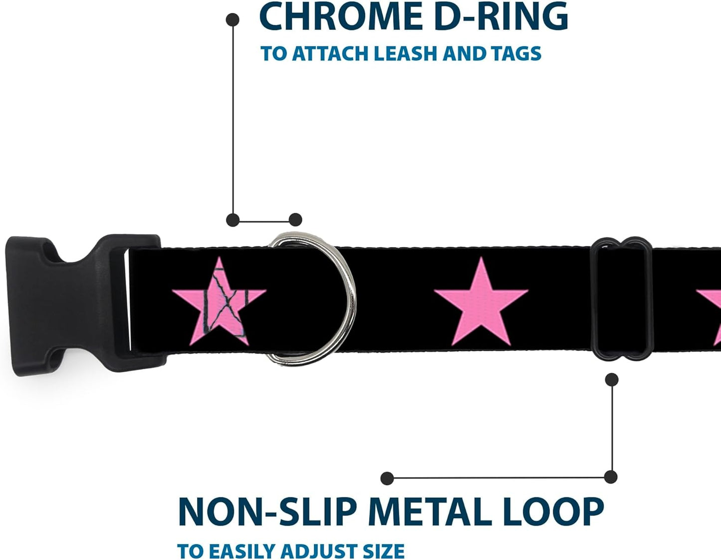 Buckle-Down PC-W21909-M Dog Collar Plastic Clip Buckle, 1"x11"-17", Star Black/White