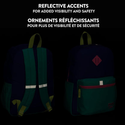 Roots Kids Lightweight Backpack — Made from 100% Recycled Fabrics with Rain Flap, Bottle Pocket, Reflective Accent, and Back Padding — 22.5 litres, Pink & Purple