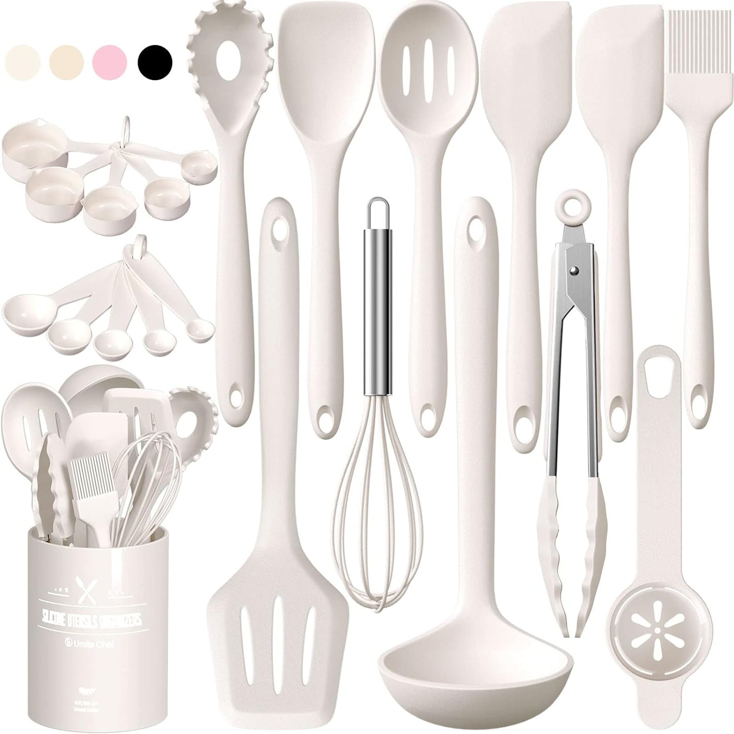 Silicone Kitchen Cooking Utensils Set, Umite Chef 22Pcs Heat Resistant Kitchen Utensils, Spatula, Spoon, Whisk, Dishwasher Safe Kitchen Utensil Gadgets Tools Set for Nonstick Cookware(Khaki)