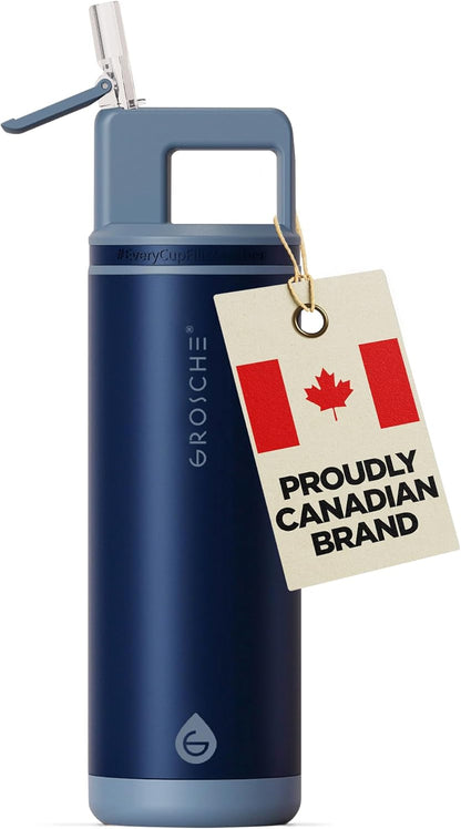 GROSCHE Alpine Flip 'N Sip 16oz Insulated Water Bottle - Stainless Steel, Leakproof Flask with Straw - Perfect for Gym, Travel, Sports & Outdoor Use, Canadian Brand! - 16 fl. oz, Scuba Blue
