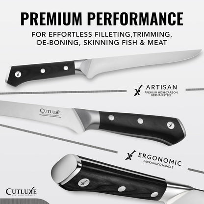 Cutluxe Curved Boning Knife – 6" Boning Knife for Meat Cutting, Fillet Knife – High Carbon German Steel, Full Tang & Ergonomic Handle Design – Artisan Series