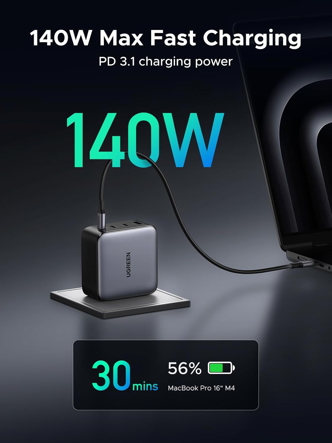 UGREEN 200W Dual USB-C Charger Block, 140W Max Output Laptop Charger, 4-Port Multi-Device Fast Charging, Advanced GaN Power Adapter Compact for MacBook, Dell XPS, iPad Pro, Galaxy S24, iPhone 16/15