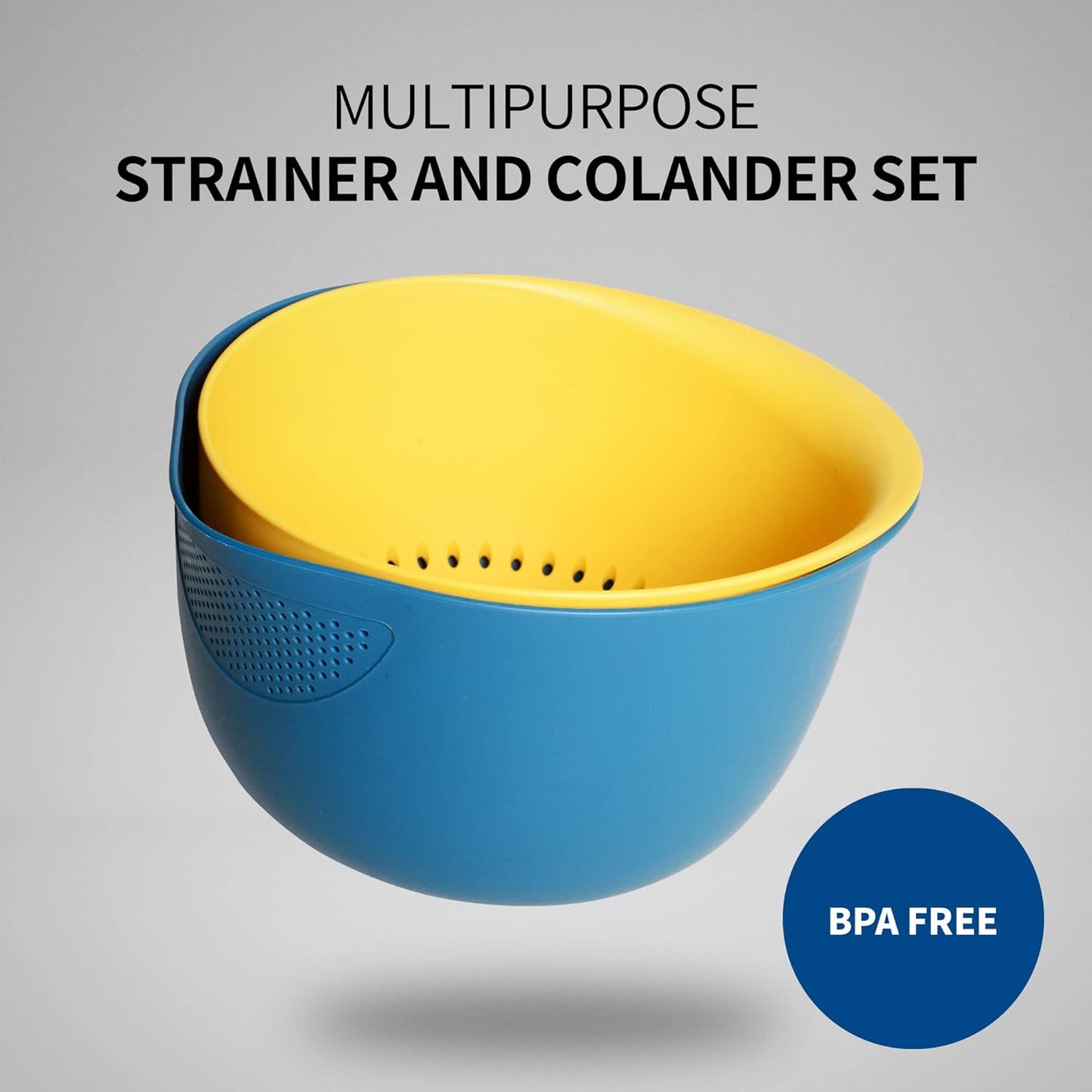 Blue Ginkgo Rice Washing Bowl and Colander Kitchen Set - Strain Rice, Quinoa and Small Grains - Soak, Wash and Drain Produce (4 Quart) - Cream and Limestone
