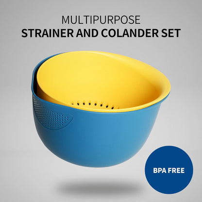 Blue Ginkgo Rice Washing Bowl and Colander Kitchen Set - Strain Rice, Quinoa and Small Grains - Soak, Wash and Drain Produce (4 Quart) - Cream and Limestone
