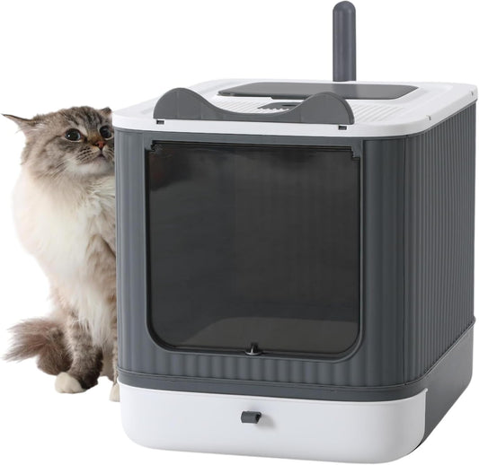 LCZLBRRD Fully Enclosed Cat Litter Box, Upgraded Covered Kitty Litter Boxes with Lid and Top Entry, Anti-Splashing Easy to Clean, 3 Modes Cat can Use from Kitten to Adult(White&Grey)