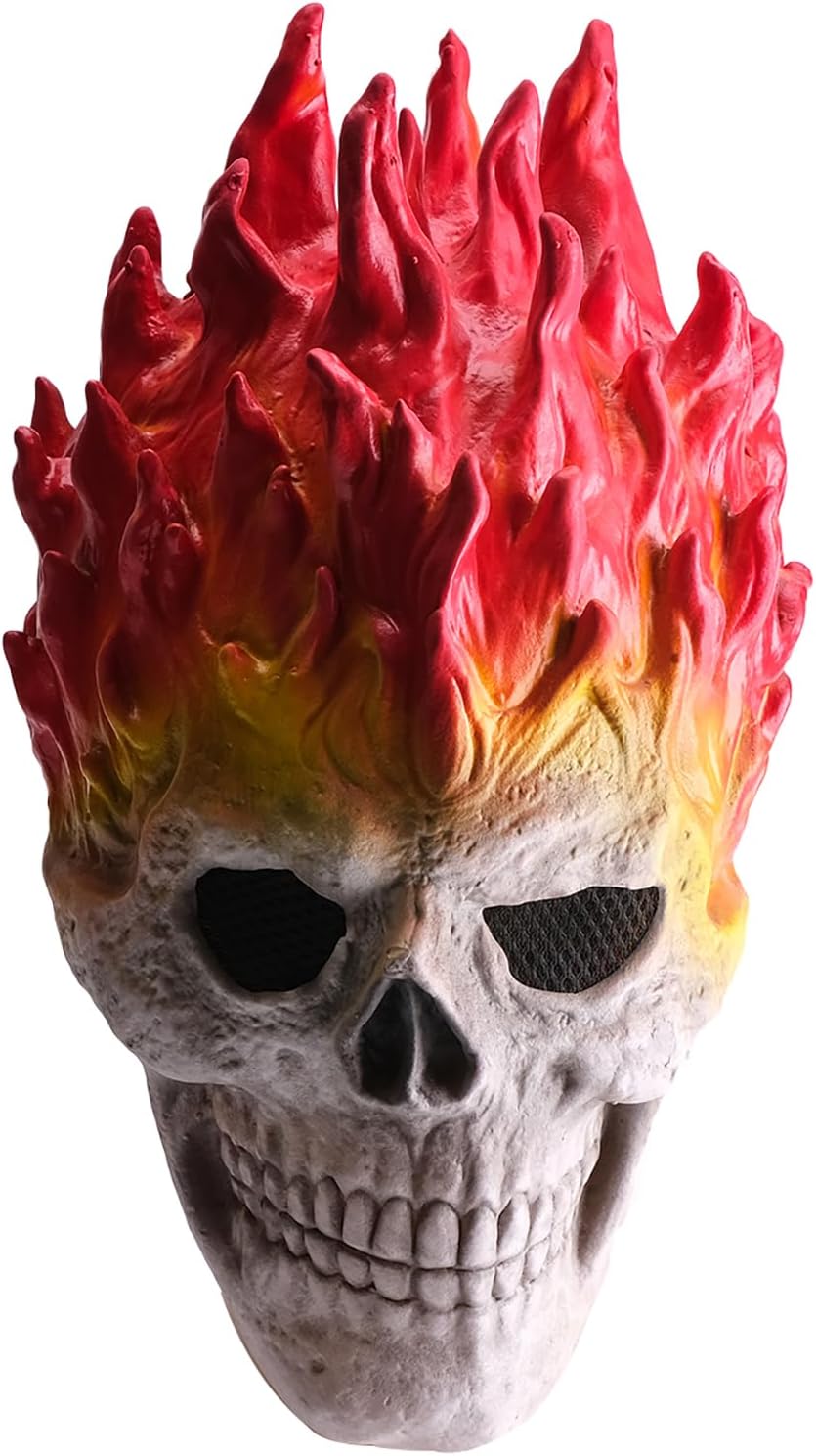 Wellinology Flame Skull Realistic Latex Full Head Halloween Mask Funny Halloween Creepy Horror Skeleton Costume Party Props