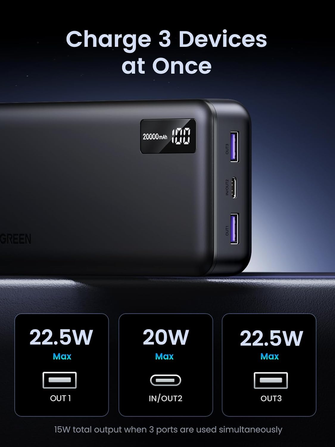 UGREEN 20000mAh Power Bank with 3-port, 0.5M Cable, 22.5W Portable Charger USB Type C Input and Output, PD 3.0 Fast Charging Battery Pack Compatible with iPhone 16/15/14, Galaxy S25/S24, Pixel 8, ipad