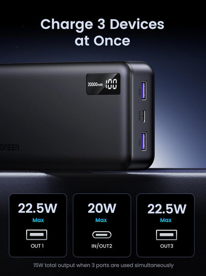 UGREEN 20000mAh Power Bank with 3-port, 0.5M Cable, 22.5W Portable Charger USB Type C Input and Output, PD 3.0 Fast Charging Battery Pack Compatible with iPhone 16/15/14, Galaxy S25/S24, Pixel 8, ipad