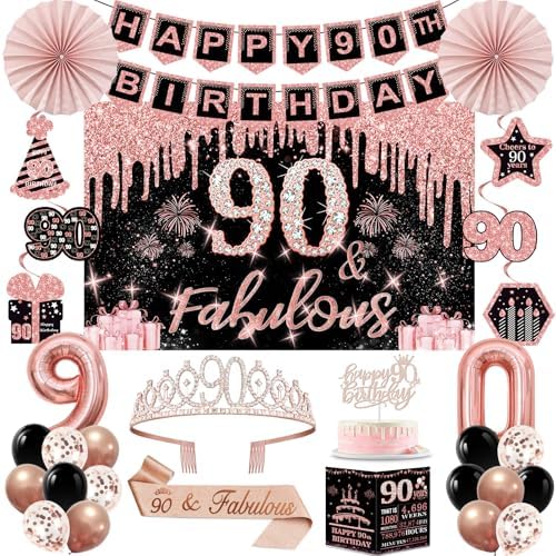 40th Birthday Decorations for Women,32pcs 40th Birthday Party Decorations,Including Backdrop, Crown,Sash,banner, Hanging Swirl,Cake Topper,balloons,Paper Fans,Anniversary Card and paper fans