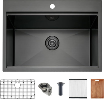 Yutong 16" x 20" Top-Mount/Drop in SS304 Stainless Steel Kitchen Black Sink Single Bowl Without Grid