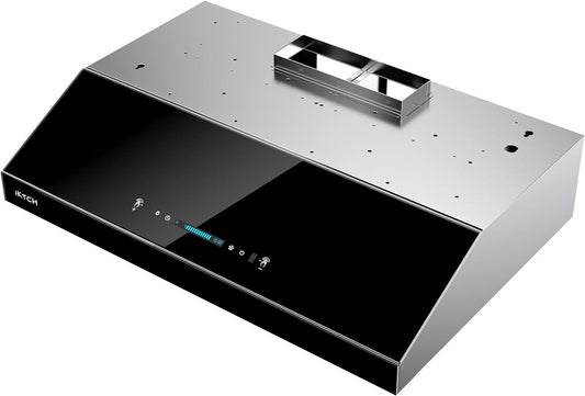 IKTCH Upgrated 30"Under Cabinet Range Hood, 900 CFM Ducted Range Hood with 4 Speed Fan, Stainless Steel & Black Tempered Glass Range Hood 30 inch with Gesture Sensing&Touch Control Making life Smarter