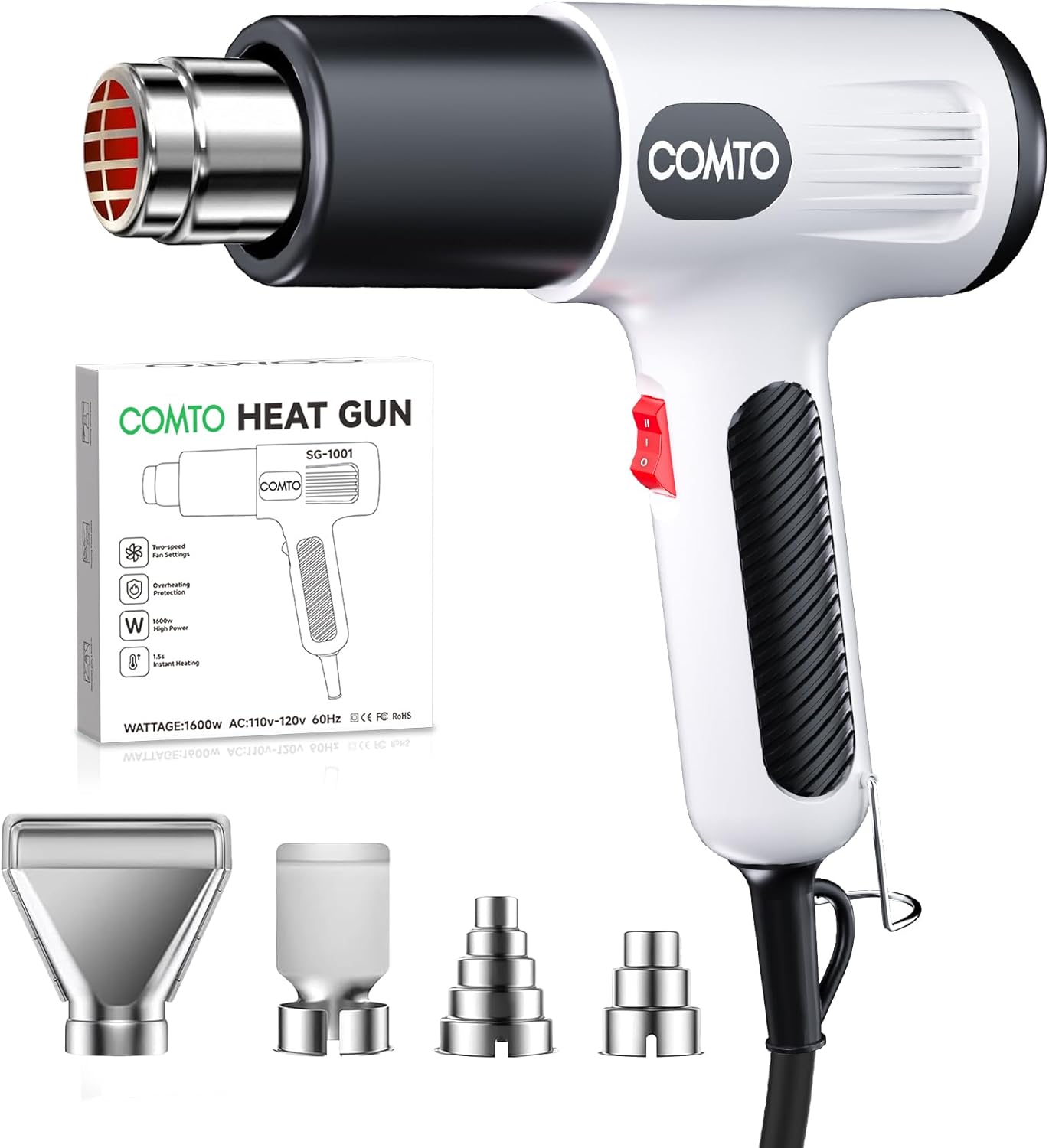 1600W Heat Gun, Hot Air Gun with 2 Temp Settings, 4 Nozzles, Overheat Protection, for Shrink Tubing, Shrink Wrap, Crafting, Resin, and DIY Projects - White