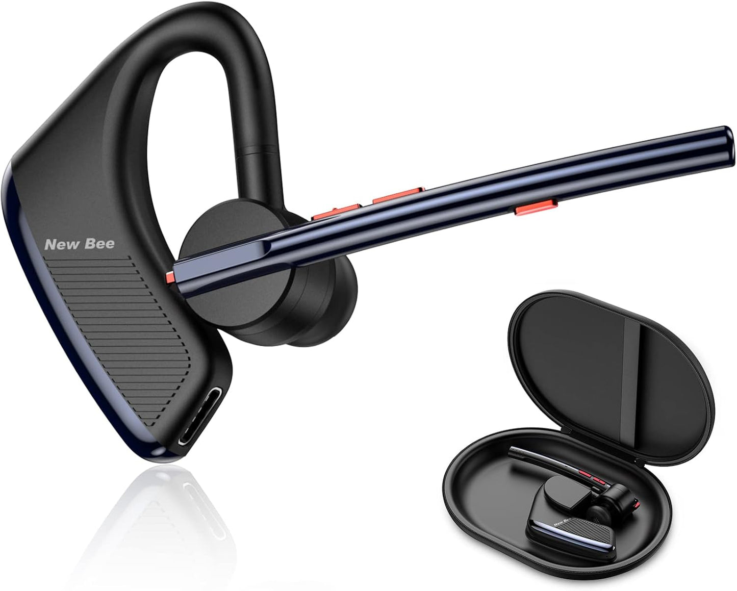 Bluetooth Headset V5.2 New Bee Bluetooth Earpiece CVC8.0 Dual Mic Noise Cancelling Wireless Handsfree 24Hrs Talktime Driving Headset with Mic Mute for iPhone Android Smartphone Business Office