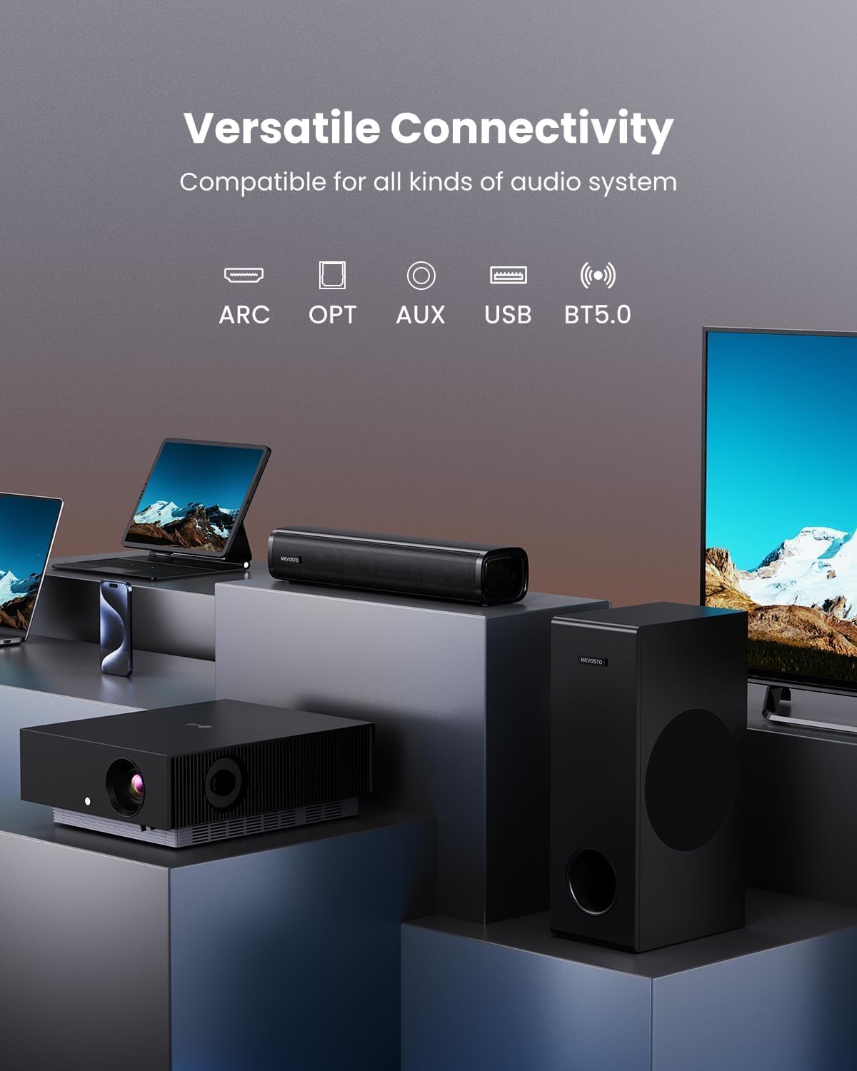 MEVOSTO 2025 Upgraded Sound Bar for TV with Subwoofer, PC Gaming 2.1CH TV Soundbar Deep Bass Computer Sound System BT 5.3/USB/HD-ARC/Optical/AUX Bass & Treble Adjustable- Home Theater