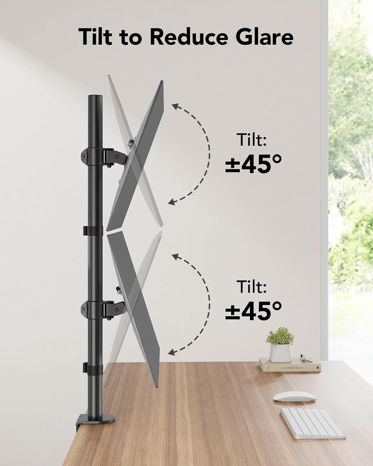 HUANUO Vertical Dual Monitor Mount for 17–32 Inch Screens, 17.6 lbs Capacity Each, Extra Tall Stacked Monitor Stand with Height Adjustment and C-Clamp,Gaming Monitor Arm