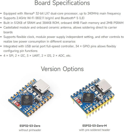 Waveshare 3PCS ESP32-S3 Mini Development Board, Based On ESP32-S3FH4R2, Onboard Multi-Function GPIO Pins, Dual-Core Processor, 240MHz Running Frequency,Microcontroller