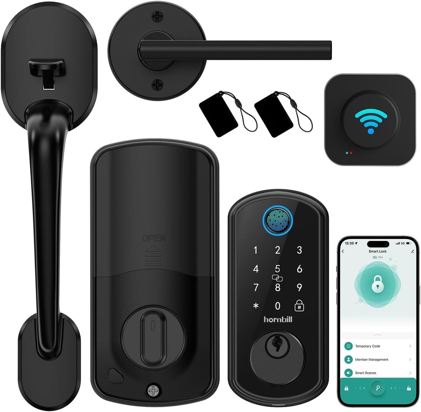 Hornbill Smart WiFi Front Door Lock: Keyless Entry Fingerprint Deadbolt - Alexa Bluetooth Electronic Keypad Door Locks for House Apartment Auto Lock Smart Life APP Remote Control - Black