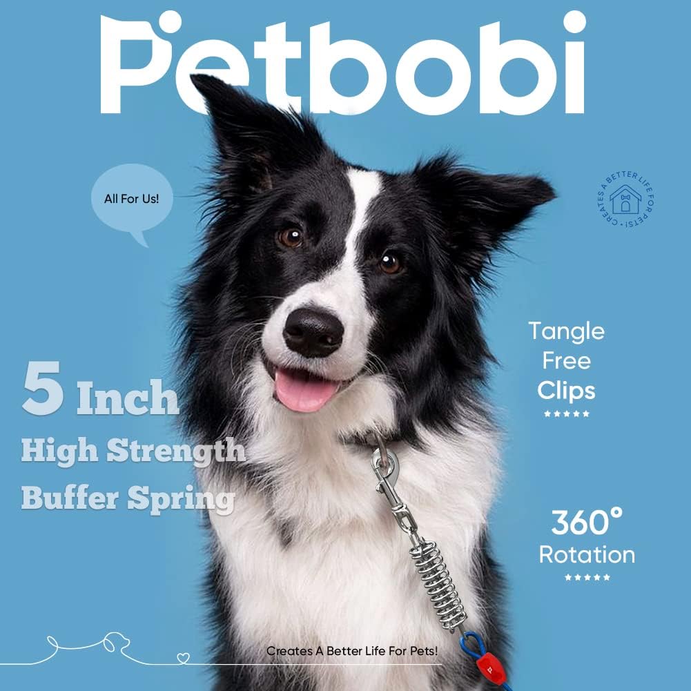 Petbobi Dog Tie-Out Cable 30ft - Outdoor Leash 4mm Metal Cable with Shock Absorbing Spring 360° Swivel Clips, Dog Chain for Yard Camping, Fit Small Medium Large Pets Up to 120lbs, Blue