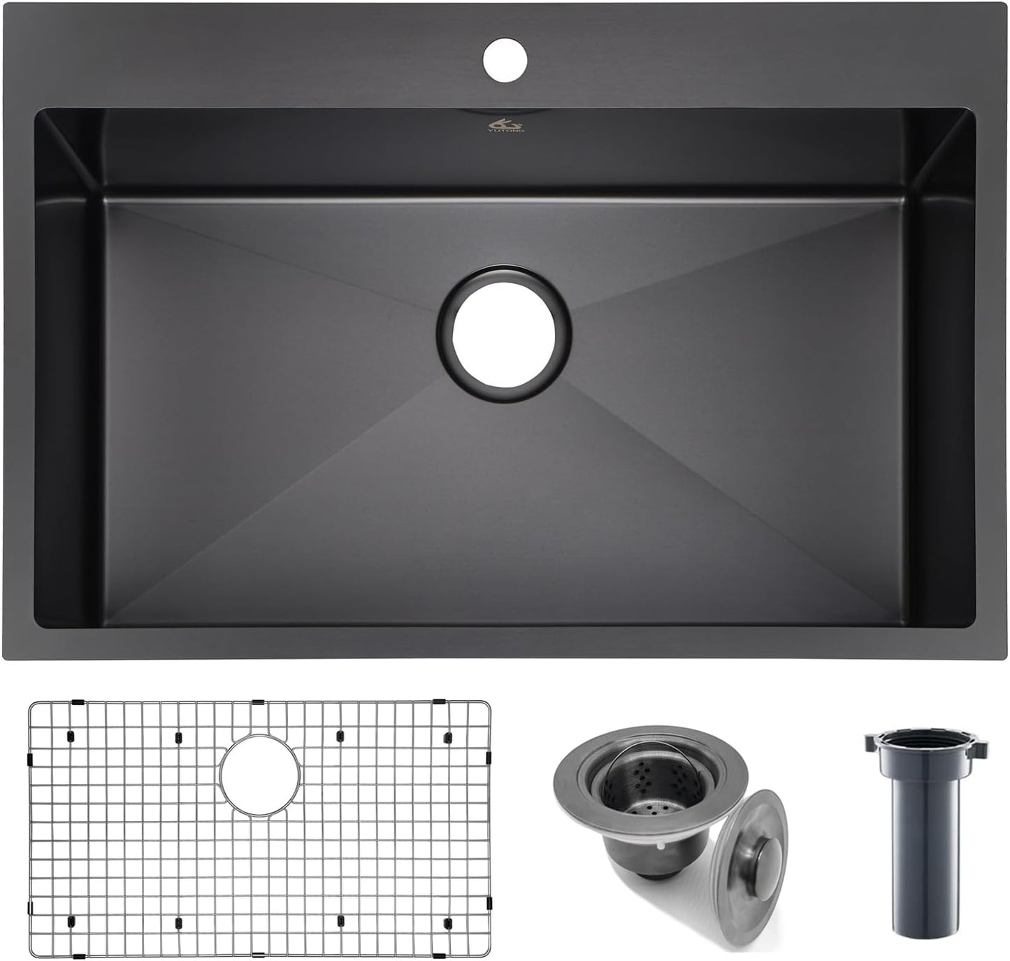Yutong 16" x 20" Top-Mount/Drop in SS304 Stainless Steel Kitchen Black Sink Single Bowl Without Grid