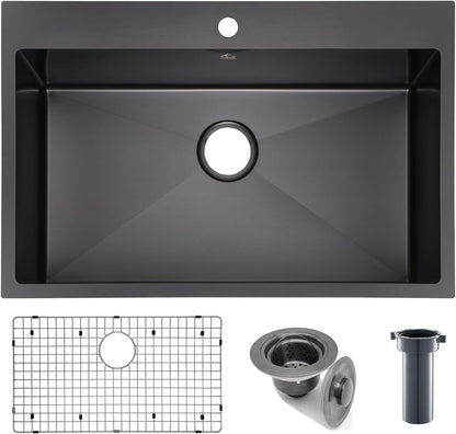 Yutong 16" x 20" Top-Mount/Drop in SS304 Stainless Steel Kitchen Black Sink Single Bowl Without Grid