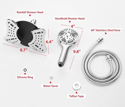 2.5 GPM High Pressure Shower Head: GRICH 8.7 Inch Black Shower Heads with Hand Held Spray 2-in-1 Combo, 9-Settings Handheld Shower Head & Adjustable Rain Shower Head with Hose 60'', Anti-Clog Nozzles