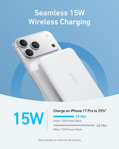 Anker MagGo Power Bank, 10,000mAh Qi2-Certified 15W Portable Charger | Slim and Fast MagSafe-Compatible Battery Pack, Ergonomic Design, for iPhone 16 / 15 / 14 / 13 Series and More