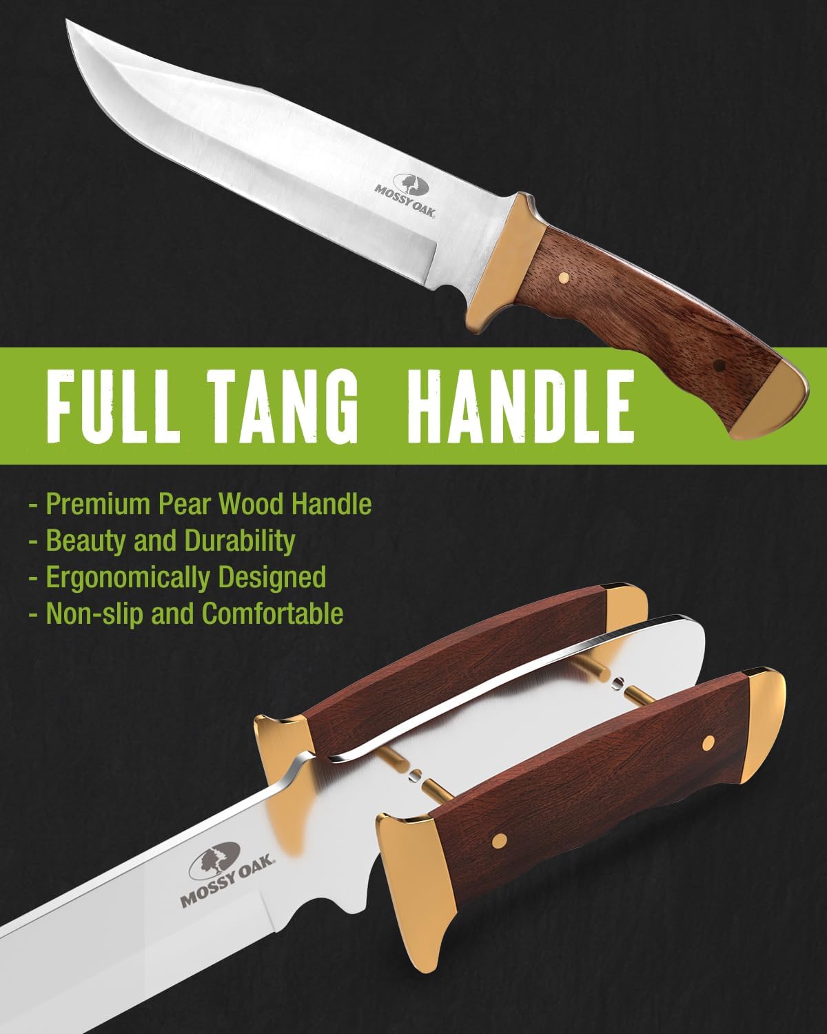MOSSY OAK 14-inch Bowie Knife, Full-tang Fixed Blade Wood Handle with Leather Sheath for Camping Survival