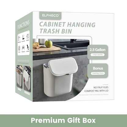 2.5 Gallon Hanging Compost Bin with Lid, Under Sink Cabinet Door Trash Can, Wall Mounted Slide Open Kitchen Garbage Bin, White - PuriLite