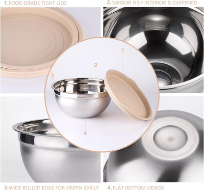 Mixing Bowls with Lids Set - 25 PCS Stainless Steel Nesting Khaki Mixing Bowls Set for Baking,Mixing,Serving & Prepping,Size 5, 3.7, 2.8, 2.3, 1.7, 1.1, 0.7QT,11 Cooking Utensils