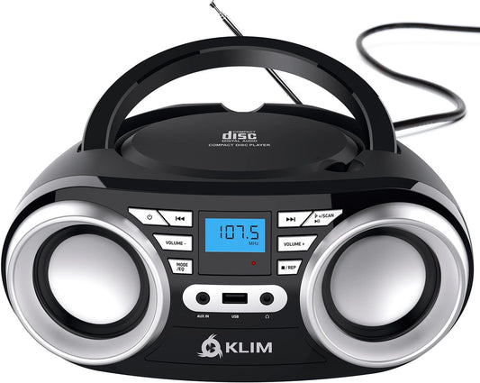 KLIM B3 Portable CD Player Boombox with FM Radio, Bluetooth, USB, AUX, and FM Radio Dual Speakers, EQ Sound Effects, 20 Preset Stations, Compact and Lightweight - Black No RGB