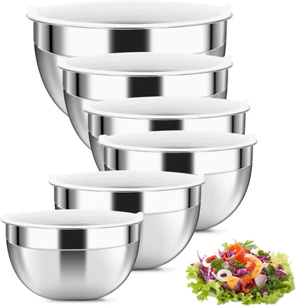 Luvan 18/10 304 Stainless Steel Mixing Bowl,Set of 6(1,1.5,1.9,2.6,3.4,4.2QT),with Airtight Lids,Nesting Bowls for Space Saving Storage,Dishwasher Safe, Great for Mixing,Baking, Prepping
