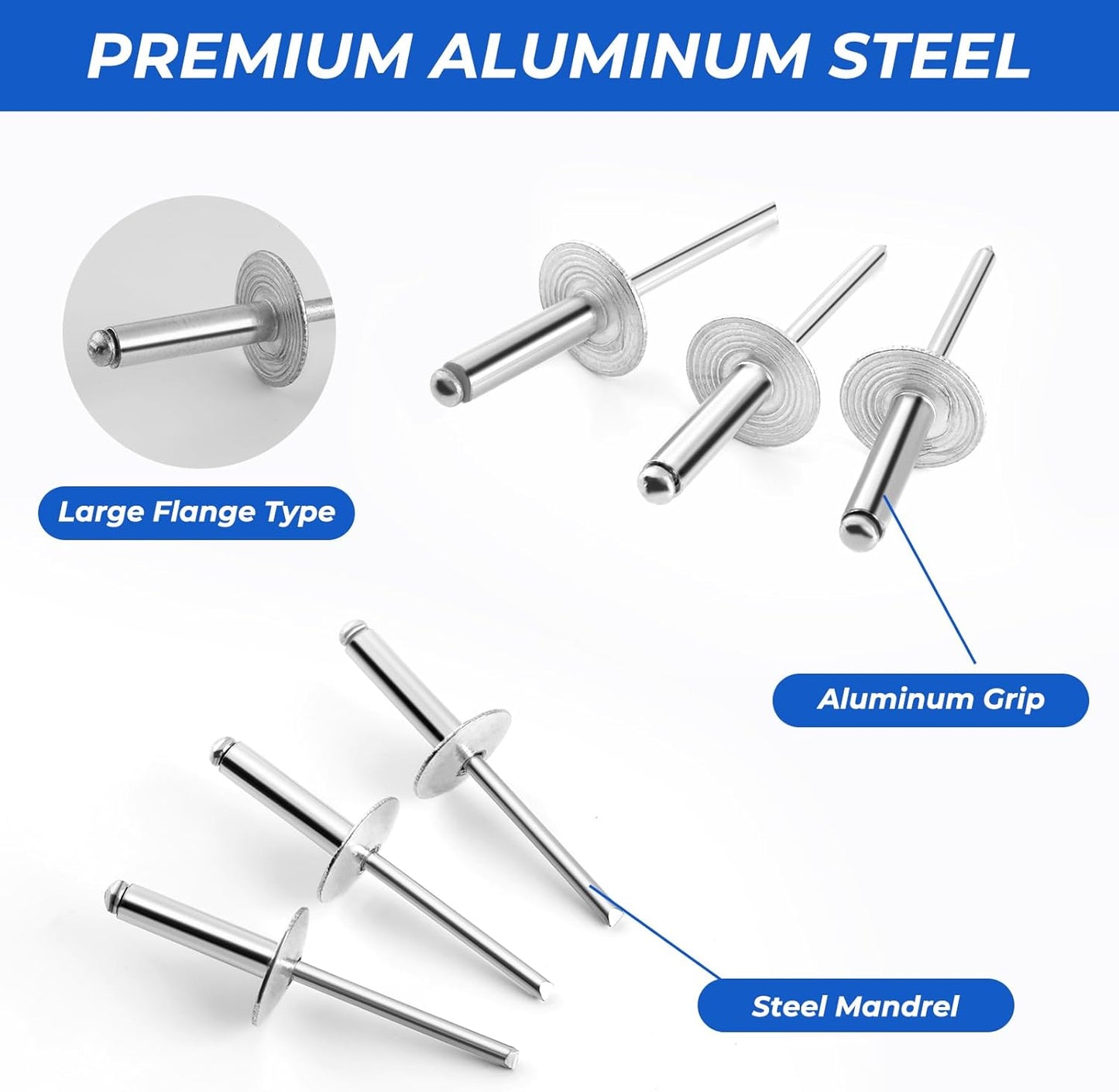 Besitu 210Pcs Pop Rivets Assortment Kit, 1/8" 3/16" 1/4" Large Flange Solid Rivets Set Aluminum Grip Stainless Steel Mandrel Blind Rivets for Metal Heavy Duty