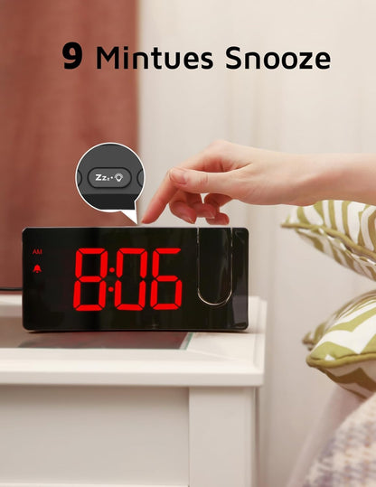 GOLOZA Projection Alarm Clock, Digital Clock with Modern Curved Design 180° Rotatable Projector, 3-Level Brightness Dimmer, Clear Blue LED Display, Progressive Volume, 9mins Snooze,12/24H, for Bedroom