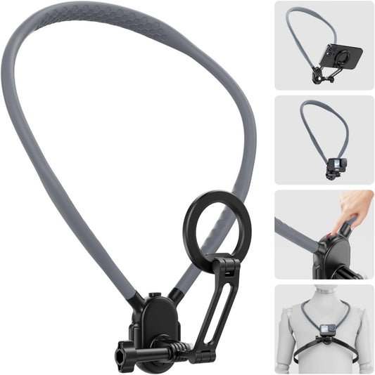 Magnetic Neck Phone Holder, Neck Mount for Cell Phone Hands Free POV/Vlog Selfie Mount with Chest Strap, Phone Neck Holder for Recording/Cooking/Riding, iPhone 17 16 15 14 13 12 Android Insta360