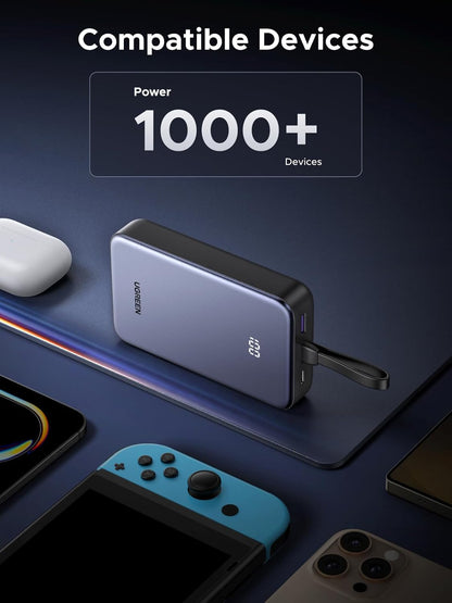 UGREEN 20000mAh 22.5W Power Bank with Built in Cable, USB Type C Portable Charger Battery Pack 3 Output with LED Display Compatible with iPhone 16 15 Pro Max, Galaxy S24 S23, Pixel 8 Pro Series