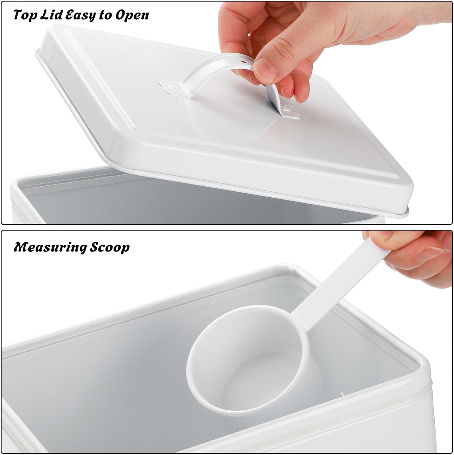 YOUEON 10 Lbs Metal Rice Storage Container, Square Rice Canister with Lid and Measuring Scoop, Countertop Sealed Food Storage Container for Cereal, Beans, Pet Food, White