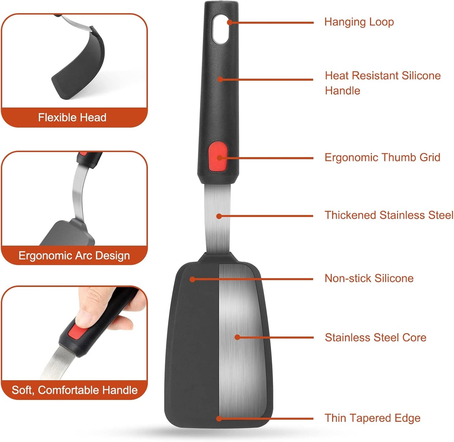 Hotec Silicone Spatula Turner for Nonstick Cookware, Flexible 600F Heat Resistant, Ideal for Flipping Eggs, Burgers, Pancakes, Crepes and More (3 Pack)